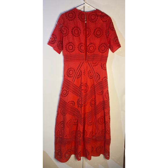 ASOS Design Red Short Sleeve Red Lace Pleated  Paneled Midi Open Back Dress sz 8 - Picture 6 of 7